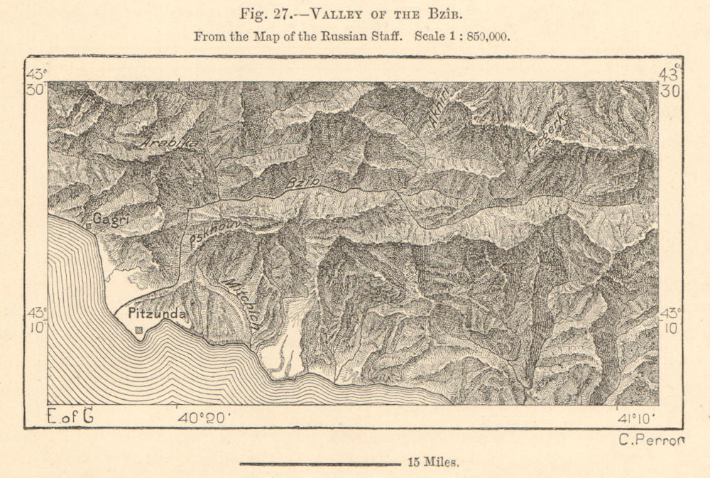 Bzyb river valley, Abkhazia, Georgia. Pitsunda. Sketch map 1885 old